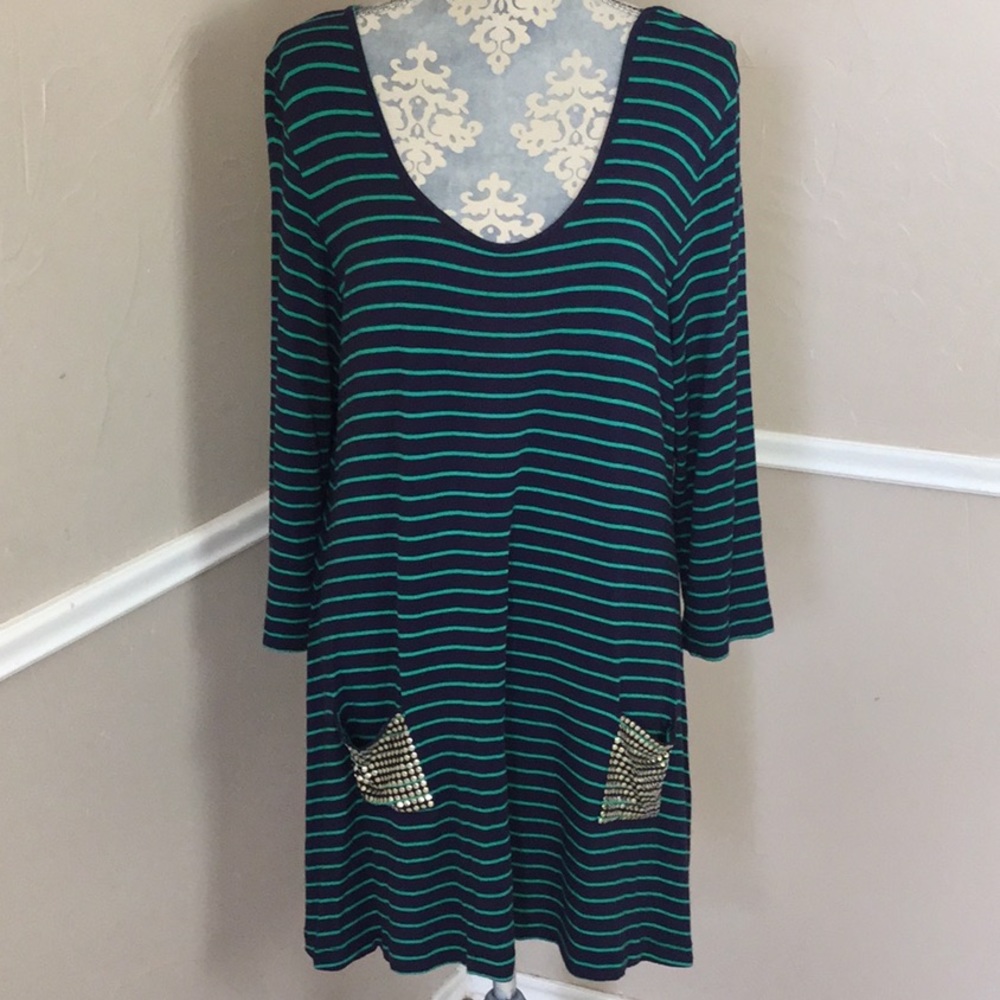 Stud Gold Pockets Scoop Long Sleeve stripe